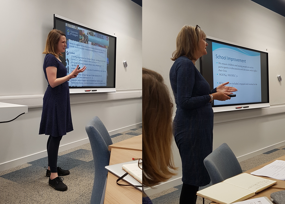 Ria Dunkley (left) and Lesley Atkins (right) give presentations to the teacher at the first Year Two meeting.